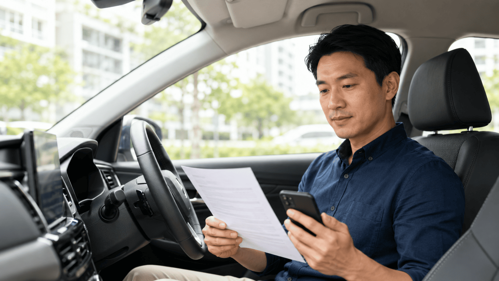 Car owner reviewing a car insurance renewal notice in Singapore