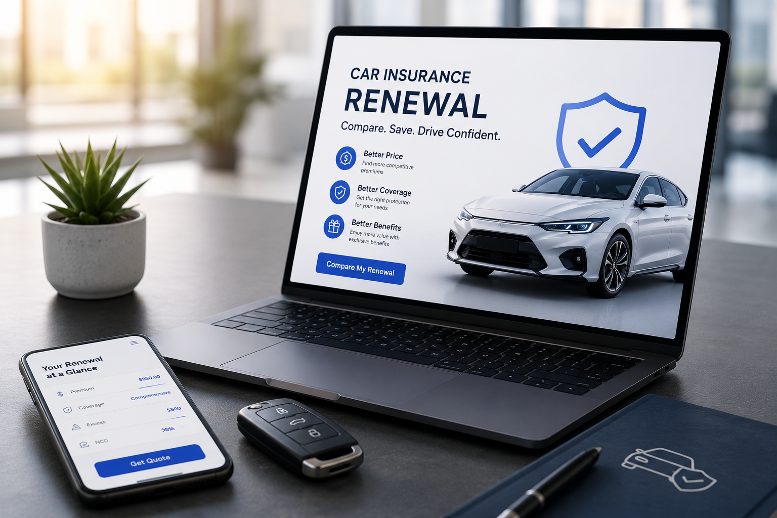 Car insurance renewal shown on a laptop